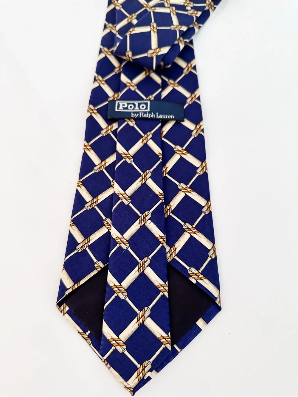 Polo Ralph Lauren Silk Tie Blue Bamboo Rope Lattice Geometric Pattern USA Made